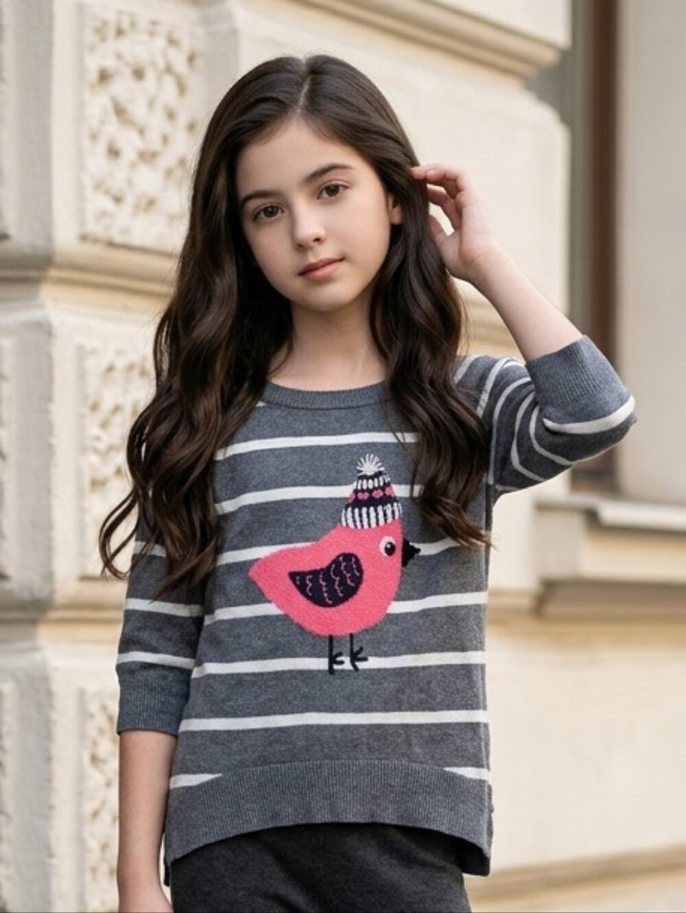 Girls Pink Republic Winter Bird Gray Striped Sweater Pullover Top M 10/12 Cotton